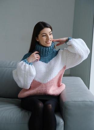 Вязаный свитер с высокой горловиной, теплый свитер женский5 фото
