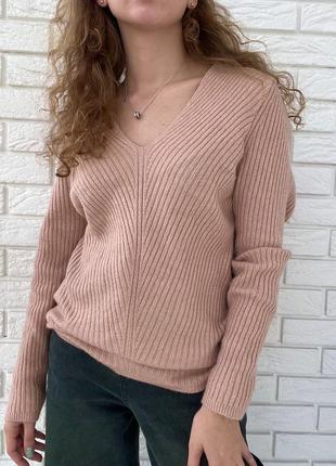 Теплий ніжно-рожевий подовжений светр з трикутною горловиною primark