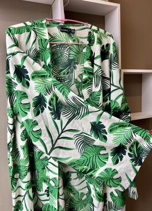 Накидка boohoo халат 2-3xl на купальник зелений/білий у пальмовий лист принт листяої халатик5 фото