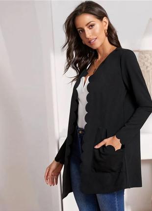 Черный столовый женский кардиган удлиненный пиджак жакет блейзер с длинным рукавом карманами м shein2 фото
