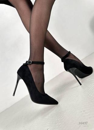 Шикарные женские черные туфли на каблуке, эко замша, 35-37-386 фото