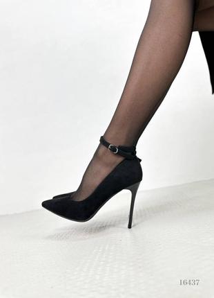 Шикарные женские черные туфли на каблуке, эко замша, 35-37-382 фото