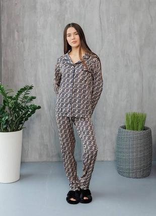 Комплект для дома пижама сатин рубашка и брюки с кантом принт fendi9 фото