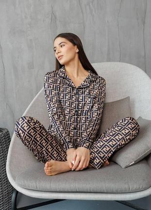 Комплект для дома пижама сатин рубашка и брюки с кантом принт fendi2 фото