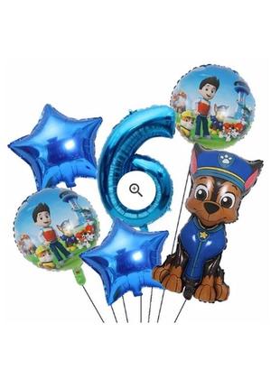 Набір фольгованих кульок щенячий патруль з цифрою 6, повітряні кулі paw patrol гонщик 6 шт
