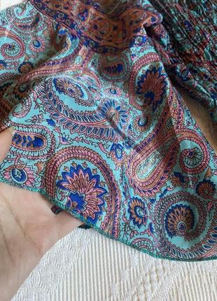 Платье шелковое бирюзовое миди полишелк в принт цветов и огурца - xs,s3 фото