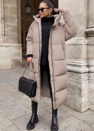 Пальто жіноче зимове на силіконі 300 з капюшоном плащівка лаке ❄️❄️ в стилі zara3 фото