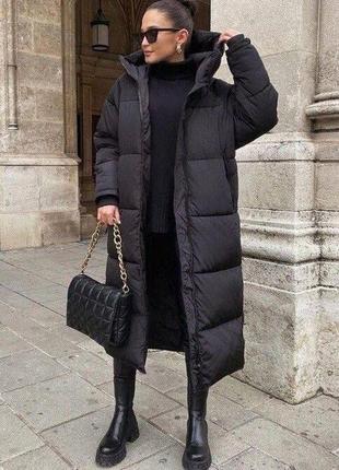 Пальто жіноче зимове на силіконі 300 з капюшоном плащівка лаке ❄️❄️ в стилі zara4 фото