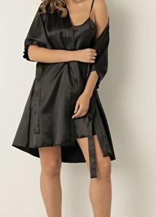 Набор халат+ночнушка грация сексуальный черный комплект атлас кружево красивый стильный