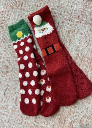 Набор новогодних носков, носочки флисовые плюшевые теплые новогодние, гном, дед мороз елка, праздничные, подарочный комплект носков