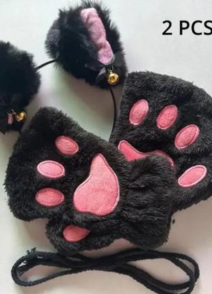 Набор перчатки кошачьи лапки и ушки1 фото