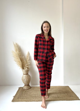 Домашняя женская пижама cosy в клетку красно/черная (рубашка+брюки)