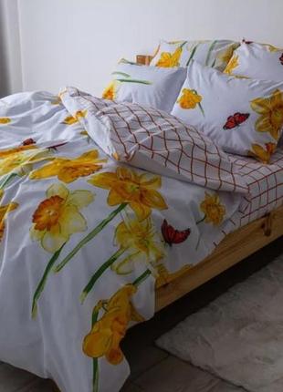Белая с нарциссом натуральная хлопковая ранфорс постель полуторная/двухспальная/евро/семейная