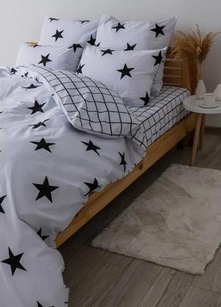 Белая с черным звезды натуральная хлопковая ранфорс постель полуторная/двухспальная/евро/семейная3 фото