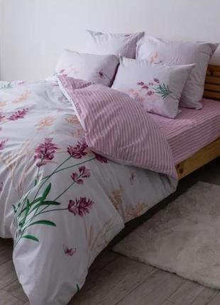 Біла з рожевим квіткова натуральна бавовняна ранфорс постіль полуторна/двухспальна/євро/сімейна