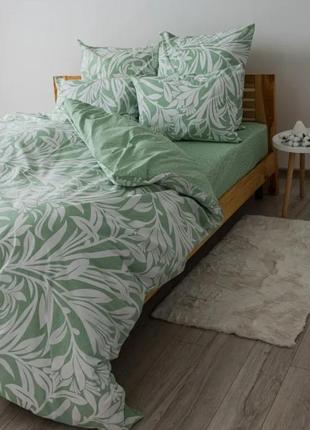 Белая с зеленым натуральная хлопковая ранфорс постель полуторная/двухспальная/евро/семейная2 фото