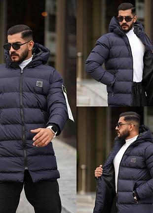 Мужская удлиненная зимняя куртка stone island темно-синяя