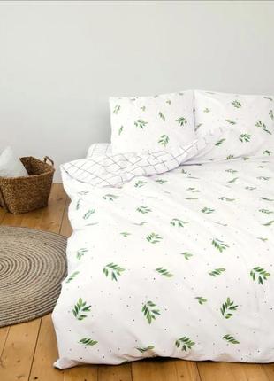 Белая с листочками натуральная ранфорс постель полуторная/двухспальная/евро/семейная теп