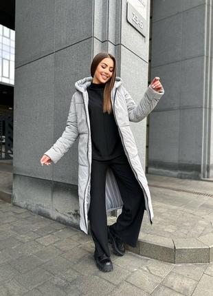 Зимова куртка пальто довга тепла з капюшоном на замку молнії