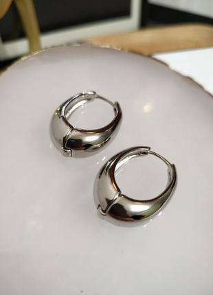 Посріблені сережки овальні кільця кульчики мінімалізм овал покриття срібло 925 широкі об'ємні дуті3 фото
