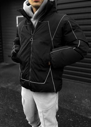 Чоловіча тепла чорна коротка зимова куртка зі світло-відбиваючою стрічкою3 фото