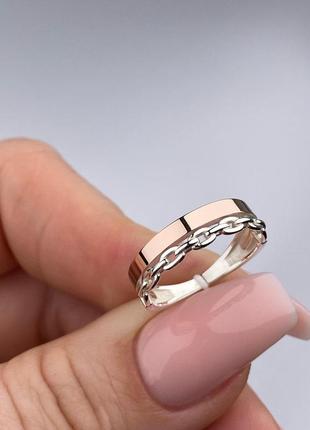 Серебряное кольцо 925 пробы с золотой пластиной 375 проби обручка2 фото