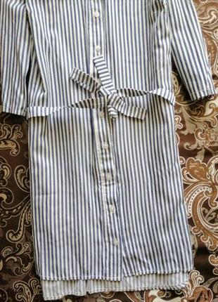 Платье рубашка короткое голубое в белую полоску с поясом катон с поясом сорочка туника4 фото