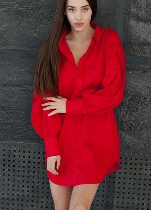 Подовжена сукня-сорочка туніка натуральна бавовна котон червона/коричнева/чорна манжет рукав оверсайз