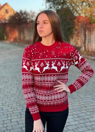 Свитер шерстяной, красный |новогодний принт | family look| идея для подарка |свитер10 фото