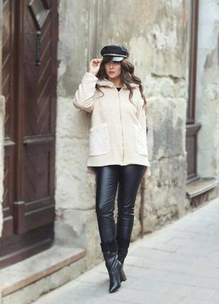 Комбинированная шубка-куртка с наложенными карманами большого размера, женская куртка батал на молнии2 фото