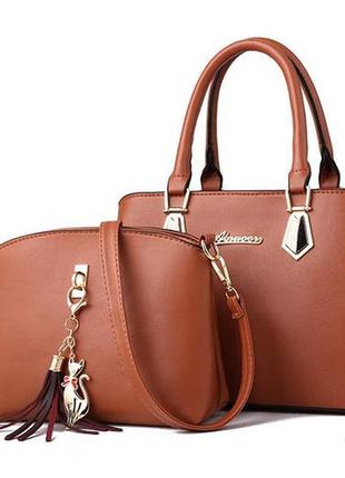 Набір жіноча сумка через плече та міні сумочка клатч з брелоком коричневий