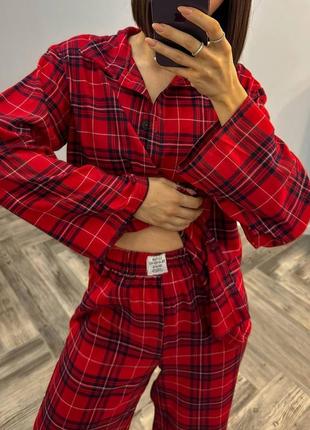 Пижама байковая зара zara в клетку рубашка свободная штаны комплект красный дом для сна новогодняя трендовая стильная8 фото