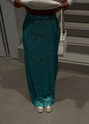 Блестящая юбка с пайетками длинная макси с высокой посадкой на резинке свободного прямого кроя люрекс8 фото