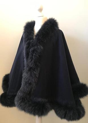 Пальто кейп отделка из натурального меха песца rizhikova oversize синий ro-27040