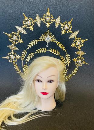 Корона на голову німб висока пишна золота жовта для фотосесії фотосесія