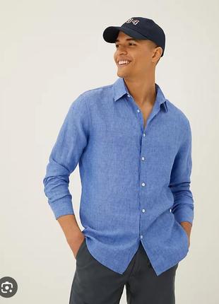Рубашка из чистого льна m&amp;s , pure linen , m меланжевый синий( кобальт)