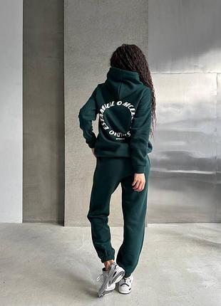 Костюм спортивный женский на флисе с принтом оверсайз худи с капишоном с карманом брюки дж...