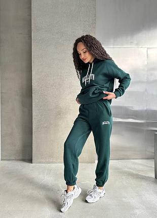Костюм спортивный женский на флисе с принтом оверсайз худи с капишоном с карманом брюки дж...