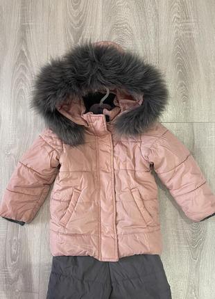 Зимняя куртка и полу комбинезон с натуральным пухом на капюшоне