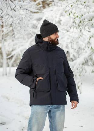 Мужская теплая зимняя куртка с капюшоном бежевая оливковая синяя черная горчичная стёганая на молнии пальто пуффер пуховик парка оверсайз с карманами