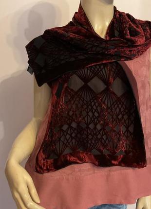 Нарядный шарф с бархатными цветами вискоза- шелк