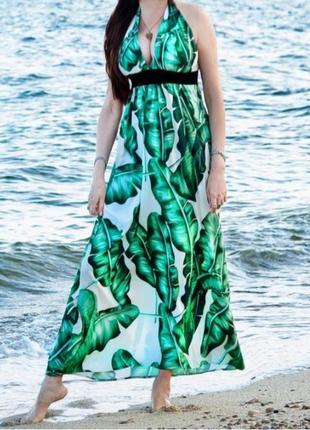 Платье длинное сарафан принт листья папортник море лето монстера зелён узор бел до пола