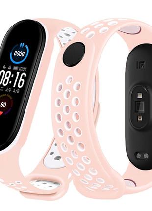 Ремешок для фитнес-браслета xiaomi mi band 5, 6, 7 nike design бледно-розовый с белым1 фото