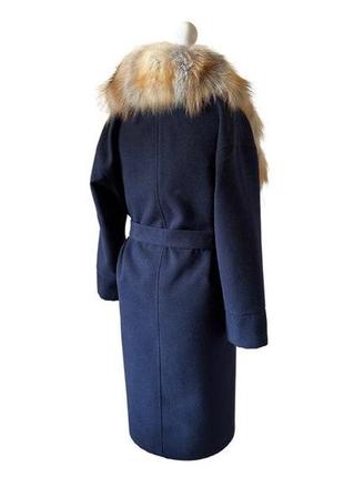 Элегантное синее пальто без подкладки с воротником из натурального меха лисы 46 ro-270334 фото