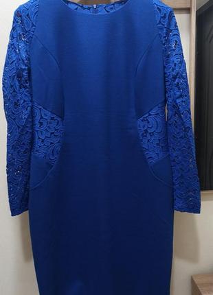 Праздничное платье синего цвета с дорогим кружевом, 56 размер