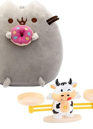 Мягкая игрушка пушин кэт pusheen cat 23х25 см с пончиком и обучающая игра математические весы корова n-11555