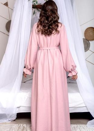 Домашний комплект из льна длинный халат с пеньюаром розовый6 фото