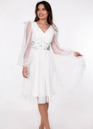 Платье нарядное женское белое однотонный с корсетом креп с сеточкой миди актуаль 923023, 42