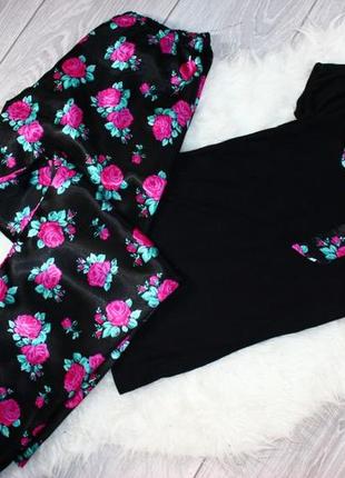 Пижама / костюм для дома и сна: черная футболка майка и штаны атласные в розочки, 8/365 фото
