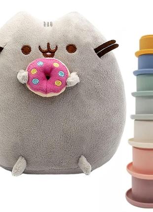 М'яка іграшка пушин кет pusheen cat 23х25 см з пончиком і пірамідка тактильна y28 башня v-11539